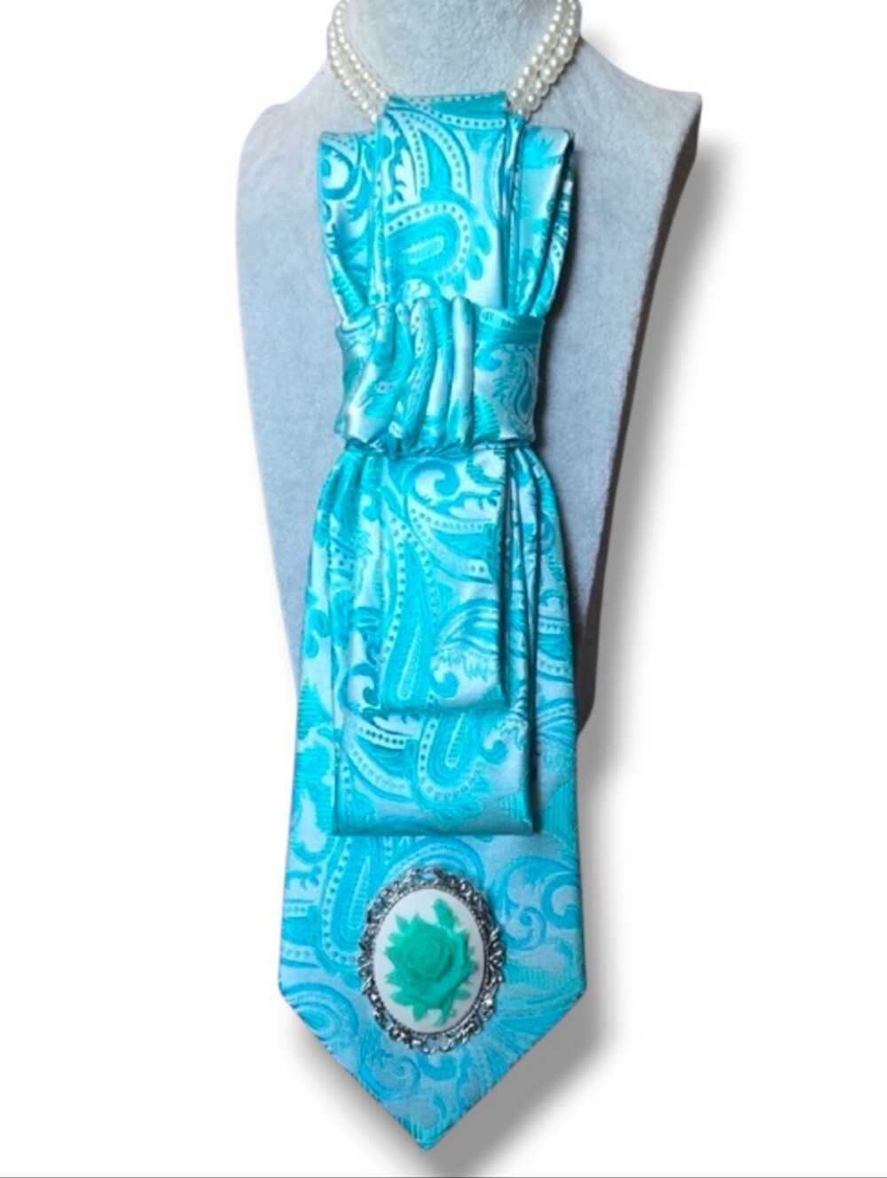 Turquoise Paisley Cravat with Rose Cameo Accent Brooch